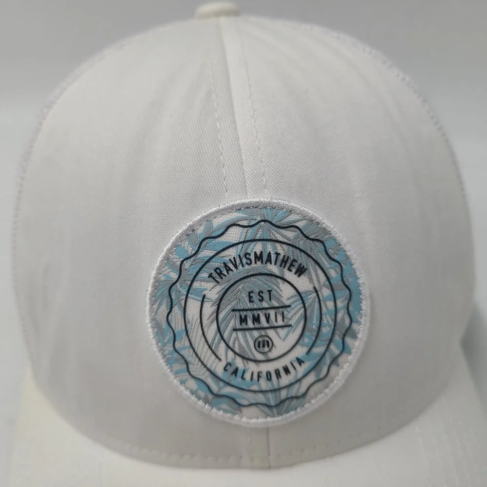 Travis Mathew Hat Snapback Trucker Mesh White Blue California Golf Palm Tree Men